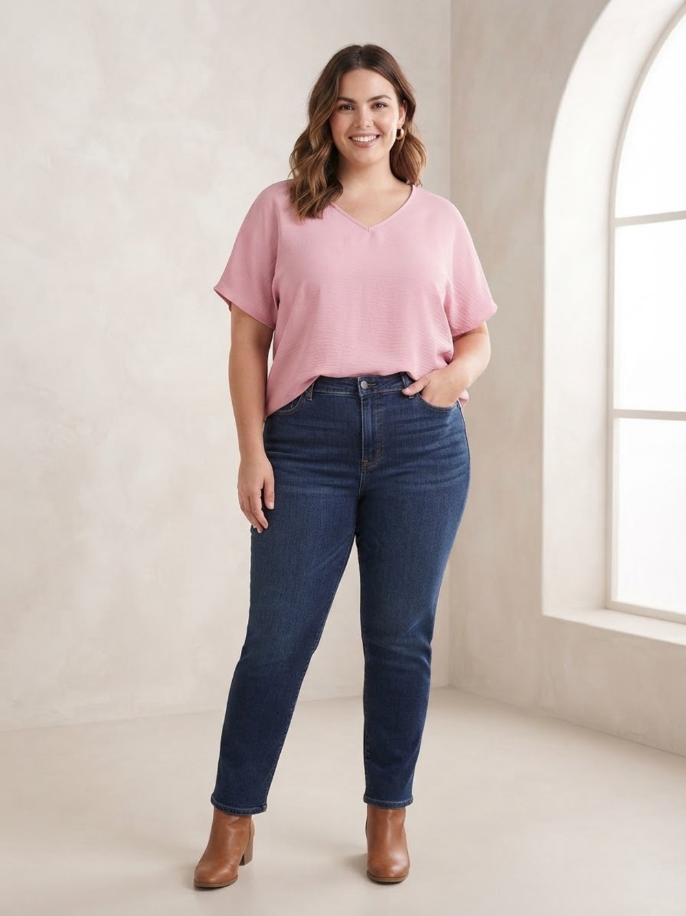 Entro Light Pink V-Neck Short Sleeve Blouse